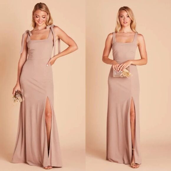Birdy Grey Alex Taupe Crepe Dress Convertible Bow Straps Small NEW Bridesmaid - Picture 1 of 6